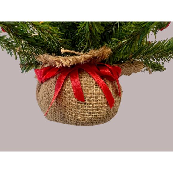 Vintage Mini Christmas Tree w Red Bows & Pearls-Burlap Base-Holiday-Tabletop-Red - Picture 3 of 4